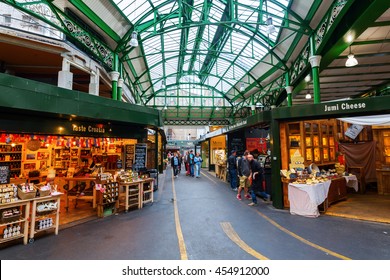 London, UK - June 18, 2016: Borough Market with unidentified people in Southwark, Central London. It is is a wholesale and retail food market, one of the largest and oldest in London
