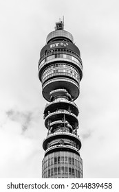 London, UK - June 2018: BT Tower; British Telecom Communication Tower In Black And White