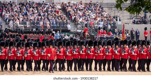 London UK, June 2019. Guardsmen And Women Standing To Attention During The Trooping The Colour Annual Military Parade Marking Queen Elizabeth's Official Birthday. 