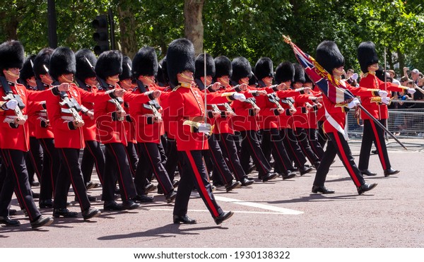 London UK, June 2019.\
Guardsmen and women marching along The Mall during the Trooping the\
Colour annual military parade marking Queen Elizabeth\'s official\
birthday. 