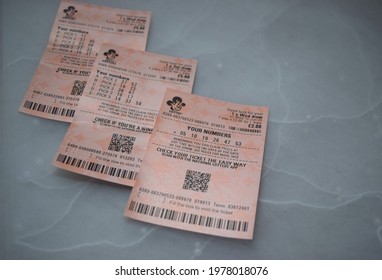 London UK June 2020: UK National Lottery Tickets On Grey Background.