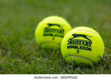 LONDON, UK - June 2021: Official Wimbledon Tennis Slazenger Brand Ball On Grass