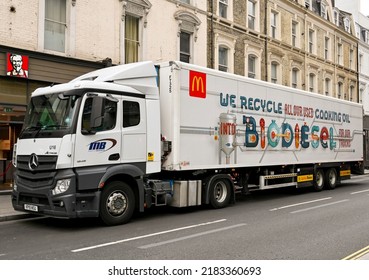 London, UK - June 2022: Articulated Lorry Powered By Biodiesel Using Recycled Cooking Oil. The Truck Is Operated By The McDonalds Fast Food Chain.