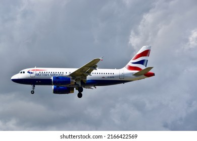 London, UK - June 2022: British Airways Plane Landing At Heathrow