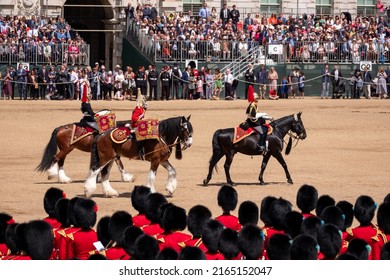 London UK, June 2022. Military drum horses taking part in the Trooping the Colour military ceremony at Horse Guards Parade, Westminster, to mark the Queen's Platinum Jubilee.