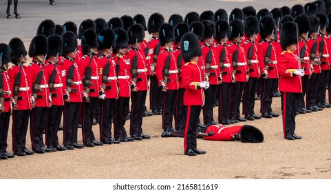 London UK, June 2022. Soldier In Uniform Faints During The Trooping The Colour Military Parade Rehearsal, Marking Queen Elizabeth's Platinum Jubilee.