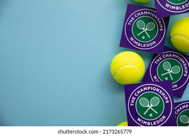 LONDON, UK - June 2022: Wimbledon Tennis Championships Logo With Tennis Ball