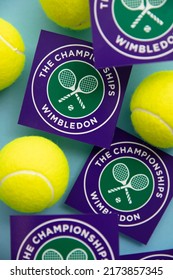 LONDON, UK - June 2022: Wimbledon Tennis Championships Logo With Tennis Ball