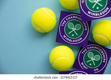 LONDON, UK - June 2022: Wimbledon Tennis Championships Logo With Tennis Ball