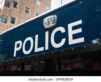 London, UK, June 20th 2021: A Close-up Of A Police Sign On A Blue Van, City Of London. Concept For Policing, Public Safety, Security, Law And Order. During Easing Of Lockdown.