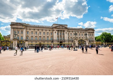 London, UK - June 21, 2018: Buckingham Palace Royal Castle For Queen With Many People Tourists Crowd Taking Photos Pictures Photographing In Summer