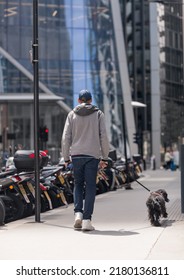 London, UK - June 21, 2022: Man with dog walking in the City of London. City of London financial and business area life, street photography