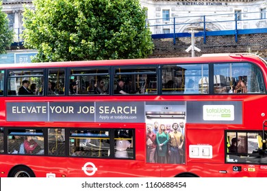 London, UK - June 22, 2018: View On Double Decker Bus In City With Ad, Advertisement Board Advertising TotalJobs, Online Job, Work Search, Recruitment, Recruiting Platform