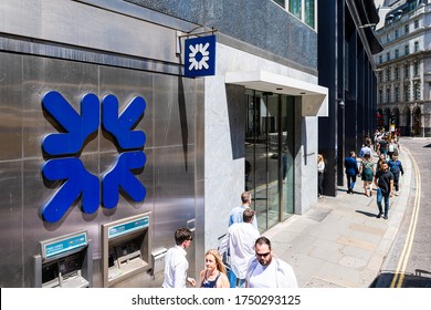 London, UK - June 22, 2018: RBS Bank Company Near Central Bank Of England Wide Angle Exterior Architecture With Blue Logo In Downtown On Threadneedle Street