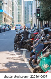 London, UK - June 22, 2022: Man Cycling At Work By Bike. People Cycling Into The City Of London