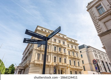 London, UK - June 24, 2018: Direction informational sign to Imperial College, Museums Royal Albert Hall and Gore in Chelsea and Kensington borough