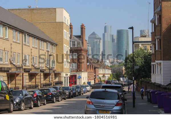 London / UK - June 24 2020: Isle of\
Dogs residential street in East London, Docklands,\
UK