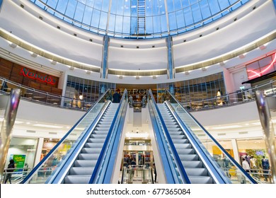 London, UK - June 25, 2017 - Glass Dome In Canary Wharf Shopping Centre With Restaurants And Bars