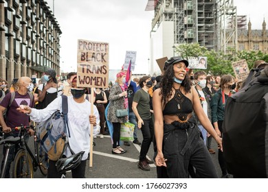 London, UK - June 27th 2020: Black Trans Lives Matter Protest Coincide With Date Of Cancelled London Pride, As Well As The Anniversary Of Shukri Abdi's Death. People Brought Flowers And Marched.