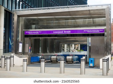 London, UK, June 2nd 2022: The new Elizabeth train line is open. The underground main outdoor entrance from Liverpool Street Station, Blomfield Street. Transport and Crossrail.