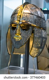  LONDON, UK - JUNE 4, 2015:  Replica of the helmet. The helmet and mask are part of the Sutton Hoo Treasure  which was kept at the British Museum. 