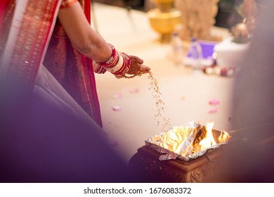 London UK - June 9, 2017. Hindu Ceremony. Bride Pours Rice Into Fire. 