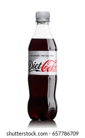LONDON, UK - JUNE 9, 2017: Bottle of Diet Coke soft drink on white background.The Coca-Cola Company, an American multinational beverage corporation.