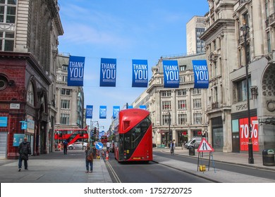 London / UK - June 9 2020: Thank You NHS Signs In A Quiet Oxford Street In Central London During Covid19 London Lockdown