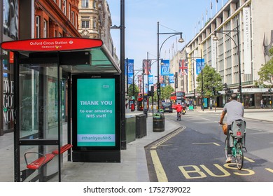 London / UK - June 9 2020: Thank You NHS Bus Screens On Oxford Street During Covid 19 Lockdown