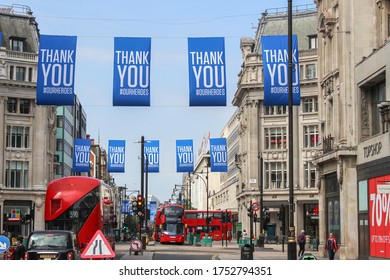 London / UK - June 9 2020: Thank You NHS Signs In A Quiet Oxford Street In Central London During Covid19 London Lockdown