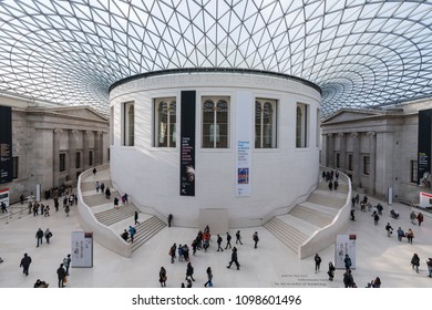 LONDON, UK – MAR 2018: Aerial View Of The Queen Elizabeth II Great Court Of The British Museum Filled With Visitors