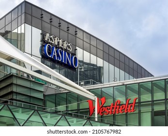 LONDON, UK - MARCH 08, 2018:  Exterior of Aspers Casino with sign at Westfield Centre