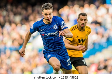 London, UK - March 10 2019: César Azpilicueta Of Chelsea During The Match Of Premier League Between Chelsea - Wolverhampton Wanderers, Stamford Bridge Stadium.