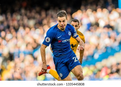 London, UK - March 10 2019: César Azpilicueta Of Chelsea During The Match Of Premier League Between Chelsea - Wolverhampton Wanderers, Stamford Bridge Stadium.