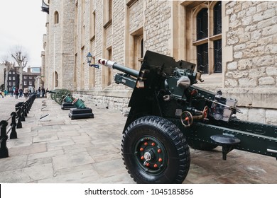 LONDON, UK - MARCH 11, 2017: Cannons Outside The Jewel House, A Vault Housing The British Crown Jewels In The Waterloo Block At The Tower Of London, UK. 