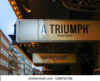 London, UK - March 12 2018: Illuminated Signs With Positive Reviews From The Media For Theatre Plays In London's West End.