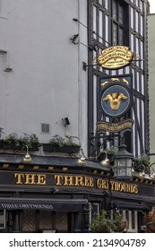 LONDON, UK - MARCH 12, 2022:  Signs Outside The Three Greyhounds Pub In Greek Street, Soho