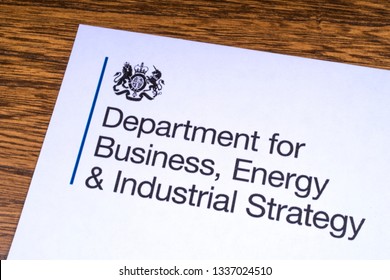 London, UK - March 12th 2019: The Logo For The Department For Business, Energy And Industrial Strategy, Pictured On A Piece Of Paper Or Leaflet. The BEIS Is A Department Of The Government Of The UK.