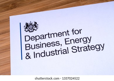 London, UK - March 12th 2019: The Logo For The Department For Business, Energy And Industrial Strategy, Pictured On A Piece Of Paper Or Leaflet. The BEIS Is A Department Of The Government Of The UK.