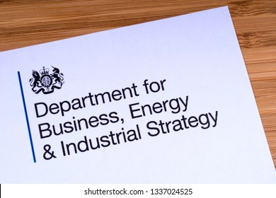 London, UK - March 12th 2019: The Logo For The Department For Business, Energy And Industrial Strategy, Pictured On A Piece Of Paper Or Leaflet. The BEIS Is A Department Of The Government Of The UK.