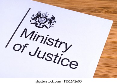London, UK - March 12th 2019: The logo of the Ministry of Justice, pictured on a piece of paper. The MoJ is a ministerial department of the UK Government.