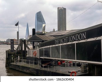 LONDON, UK - MARCH 13, 2019:  The Yacht London; A Restored 1920s Boat Permanently Moored As A Floating Restaurant