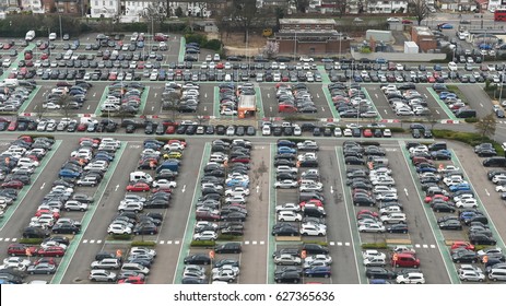 London, UK - March 14, 2017: Aerial View Of Vehicles Parked In A Car Park Near Heathrow Airport. 