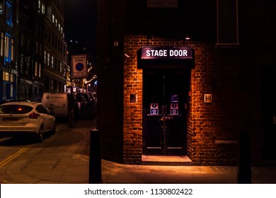 London, UK - March 15 2018: Stage Door Of The Cambridge Theatre On Shelton Street, In Covent Garden. Night Scene And Neon Colors LONDON, UK