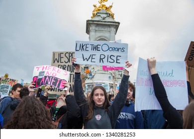 LONDON, UK - March 15, 2019:Thousands of students and young people protest in London as part of the youth strike for climate march
