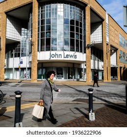 London UK, March 15 2021, John Lewis Department Store With A Person Walking By During Coronavirus Covid-19 Lockdown 2021