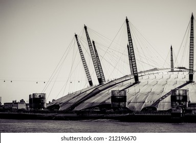 LONDON, UK - MARCH 16, 2014: The Millennium Dome, London's famous entertainment and shopping arena. Processed in black and white.
