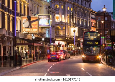 LONDON, UK - MARCH 17 2013: West End Theatres On Shaftesbury Avenue At Night, London, England