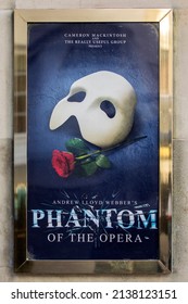 London, UK - March 17th 2022: Phantom Of The Opera Poster Outside Her Majestys Theatre, Located On Haymarket In London, UK.