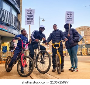 London, UK - March 18th 2022: Demonstrators Hold Placards And Give Speeches Outside Stoke Newington Police Station In Protest At The Strip Search Of Black School Girl Child Q